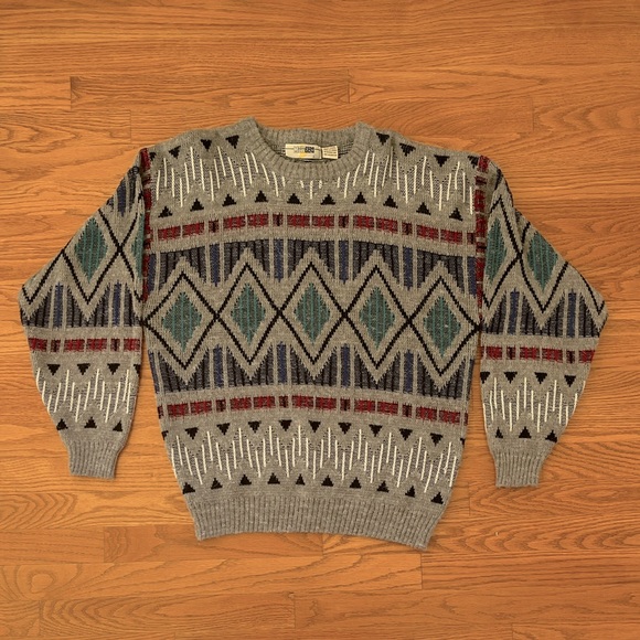 Vintage Men's Sweater Size Large Gray Geometric Design - Picture 1 of 8